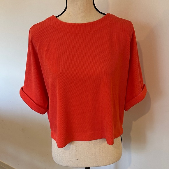 Adrianna Papell Coral Orange Oversized Cap Sleeve Crop Top Ribbed Small Buttons - Picture 1 of 8
